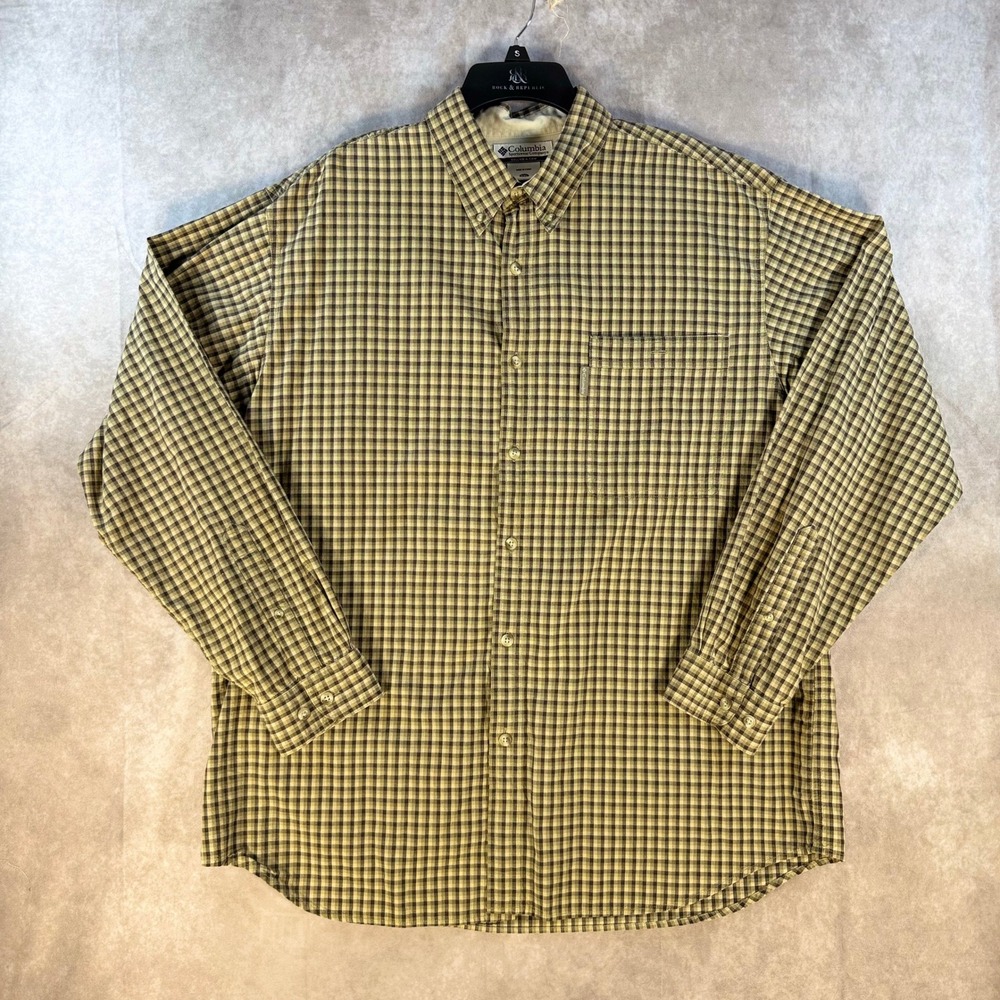Columbia Button Down Shirt Mens XXL Green Plaid Long Sleeve Cotton Gorp Hiking